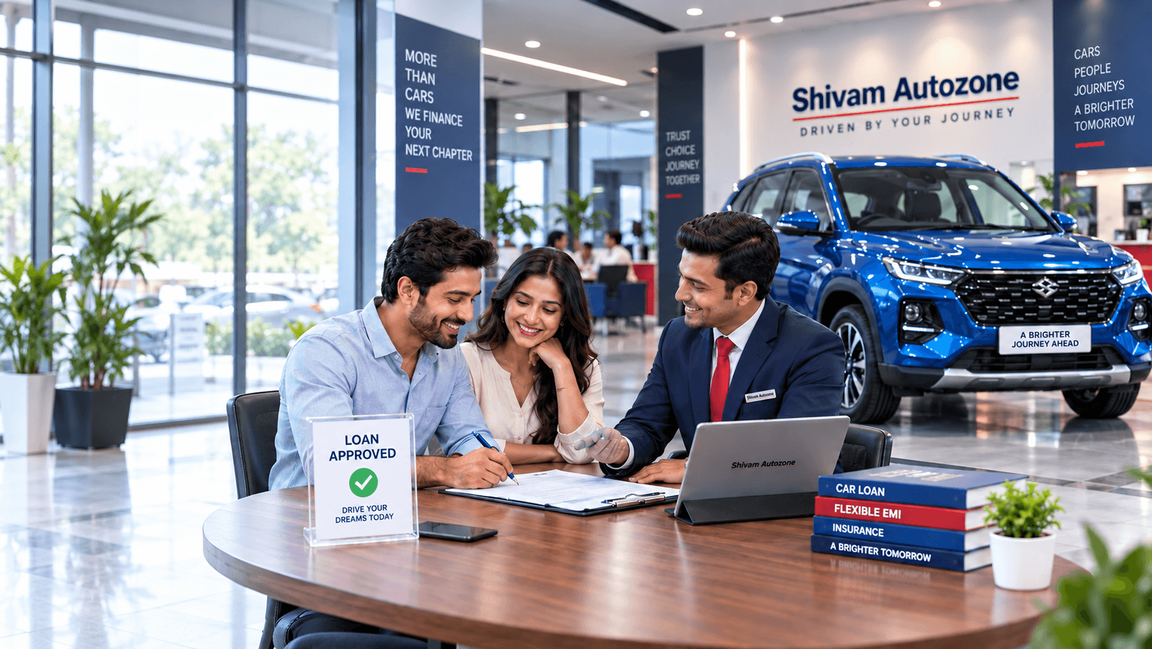 Shivam Autozone — loan approved, customer signing finance paperwork